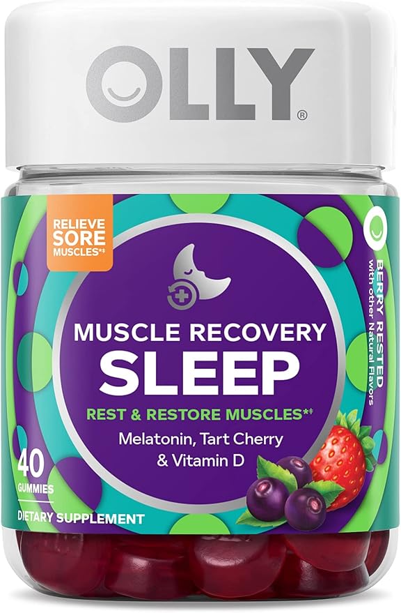 OLLY Muscle Recovery Sleep Gummies Sleep and Sore Muscle Support 3mg Melatonin Tart Cherry &amp Men's Multivitamin Gummy Overall Health and Immune Support Vitamins A C D E B Lycopene