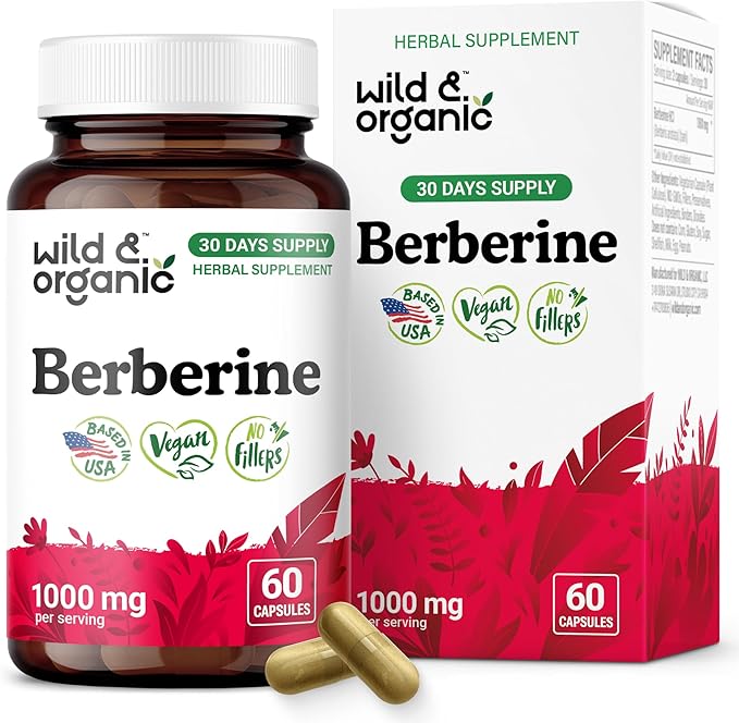 Wild &amp Organic Berberine Supplement Capsules 1000 mg - Antioxidant &amp Overall Support - Pure Berberine HCL Powder - Berberis Aristata Bark - Vegan No Fillers Non-GMO - 60 Count