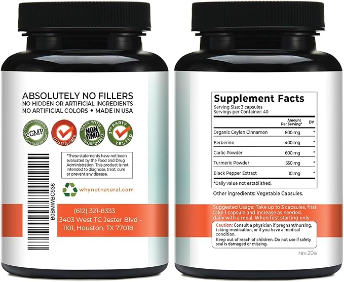 5-in-1 Organic Ceylon Cinnamon Capsules with Berberine Garlic Turmeric Black Pepper Extract Pills