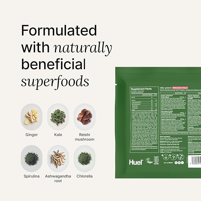 Huel Daily Greens Single Serve Watermelon| Superfood Greens Powder | 91 Vitamins Minerals and Wholefood-Sourced Ingredients | Adaptogens Antioxidants Gut-Friendly Probiotics | 12 Pack