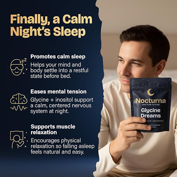 Nocturna Glycine Supplement – 100% Pure 3g Glycine Powder for Sleep Calm &amp Recovery – USA Made Sleep Aid for Men &amp Women – Non-GMO &amp Completely Natural - 6.3Oz for 60 Servings