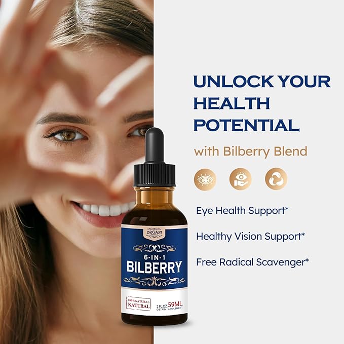 Bilberry Extract Supplement for Eye Health 6-in-1 Herbal Formula Liquid Drops to Support Eye Strain Dry Eyes and Vision Health Blend with Lutein Zeaxanthin &amp Eyebright Herb. 2oz