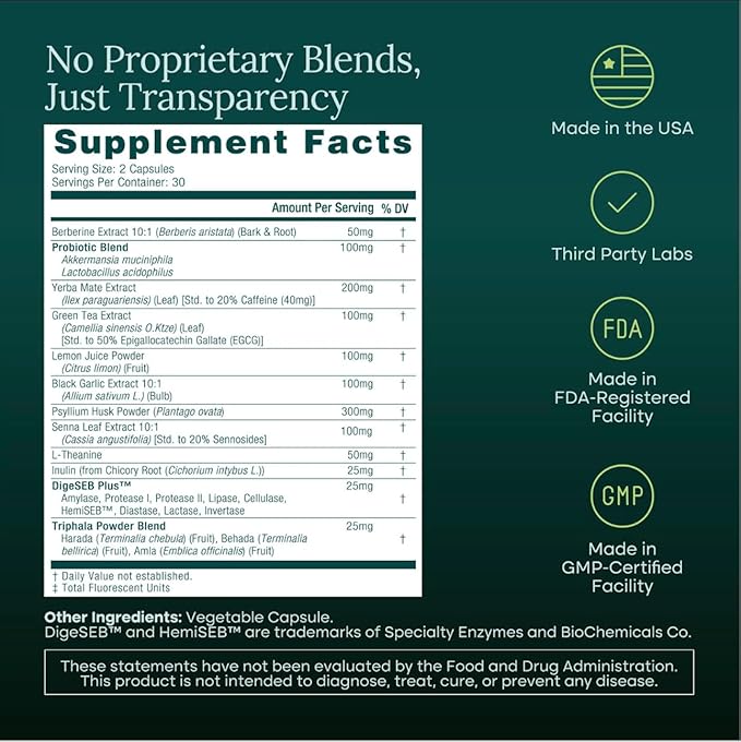 Colon Cleanse + GLP-1 Supplement Weight Loss &amp Energy - Appetite Suppressant &amp Fat Burner for women and men with Berberine Yerba Mate Psyllium Husk Senna Leaf Lemon Black Garlic - Digesti