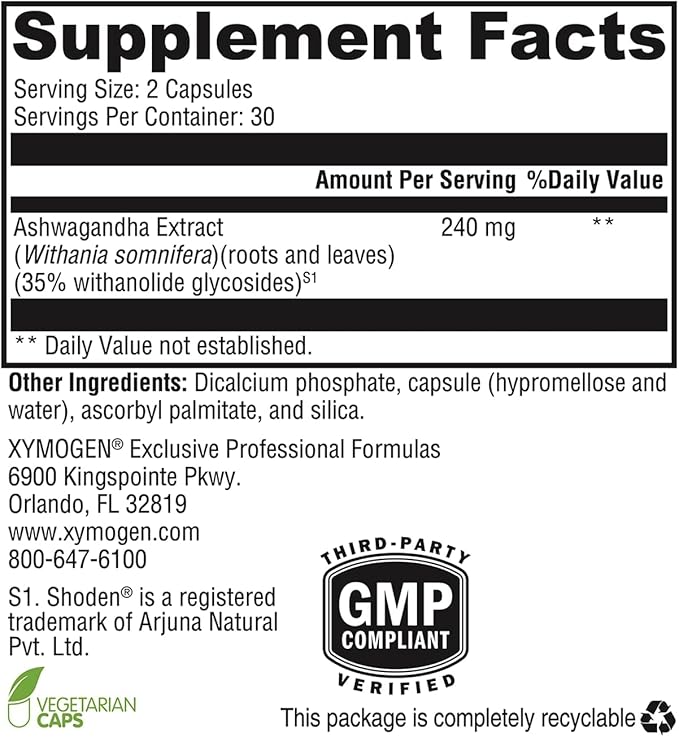 XYMOGEN Ashwagandha 35 - Patented Purified Ashwagandha Root + Leaf Extract (35% Withanolide Glycosides) - Supports Healthy Stress Response Relaxation and Quality Nighttime Rest (60 Capsules)