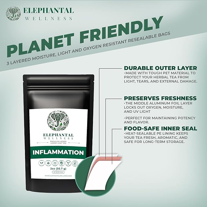 Elephantal Wellness Premium Inflammation Herbal Tea | Comfort &amp Mobility Blend with Turmeric Boswellia White Willow Bark &amp Ginger | Handmade Non-GMO Caffeine-Free Loose Leaf 2oz 20 Servi