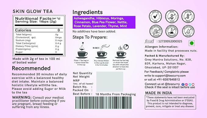 TEACURRY Skin Glow Tea (30 Tea Bags 1 Month Pack) - Helps with Skin Nourishment Hydration Glow - All Natural Caffeine Free Herbal Tea