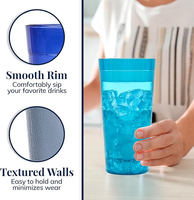 US Acrylic Cafe Plastic Reusable Tumblers (Set of 16) 20-ounce Water Cups Coastal Colors | Restaurant Style Drinking Glasses Value Set Stackable BPA-free Made in the USA | Top-rack Dishwasher Safe