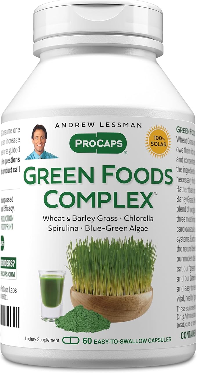ANDREW LESSMAN Green Foods Complex 60 Capsules - Supplies Building Blocks for Healthy Tissue Growth Liver Support. 100 mg Each of Barley Grass Wheat Grass Blue Green Algae Chlorella Spirulina