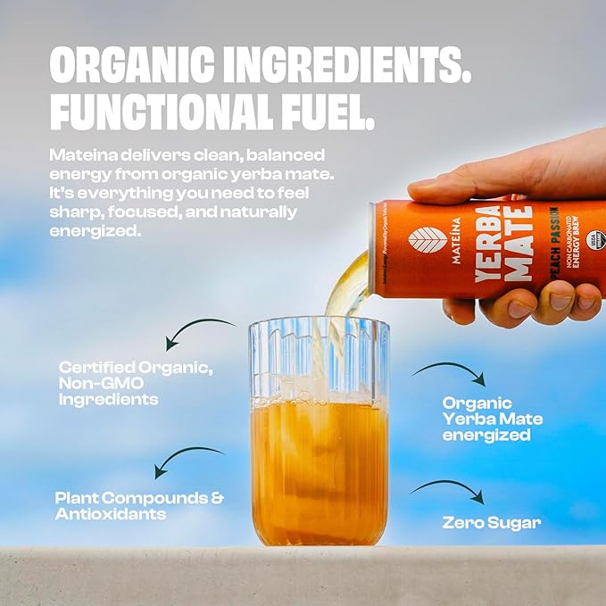 Mateina Yerba Mate Zero Sugar Energy Drink – 120mg Natural Caffeine – Organic Non-GMO Non-Carbonated – Dr. Andrew Huberman Recommended – (12 fl oz Cans 12 Pack) Peach Passion