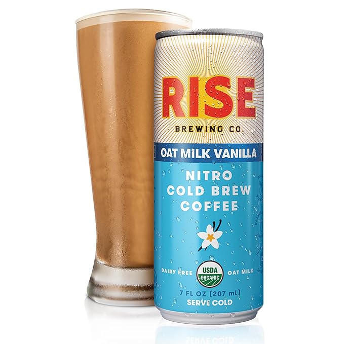 RISE Brewing Co. Vanilla Oat Milk Nitro Cold Brew Coffee No Sugar Added &amp No Dairy Organic &amp Non-GMO Low Acidity &amp Vegan 7 Fl. Oz. Cans