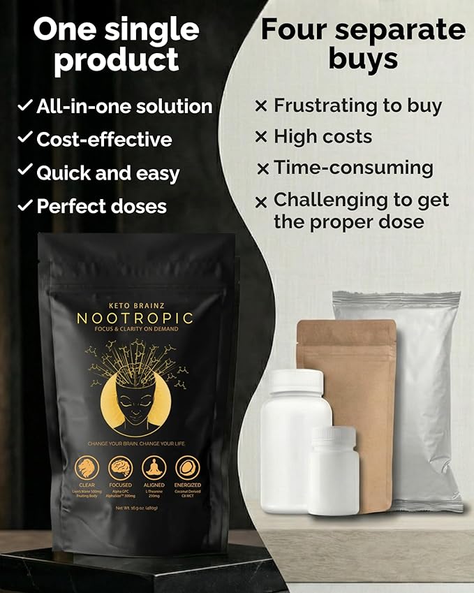 Keto Brainz C8MCT Based Nootropic - with 500mg Lion's Mane Mushroom AlphaGPC &amp L-Theanine This is The Ultimate Easy to use nootropic Stack &amp Makes Delicious Mushroom Coffee! 16oz. 30 Servings