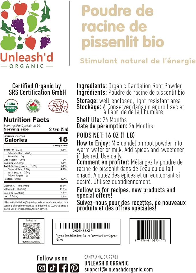Unleash’d Organic Dandelion Root Powder 16oz – Organic Vegan for Tea &amp Drinks Supports Detox &amp Digestive Health