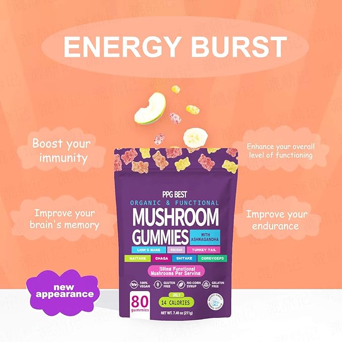 Organic &amp Functional Mushroom Gummies Supplement ASHWAGANDHAREISHITurkey Tail MAITAKE SHATAKE Chaga CORDYCEPS BOOSTS CognitivePerformance Gluten FreeVegan Low CARBGUMMIES80