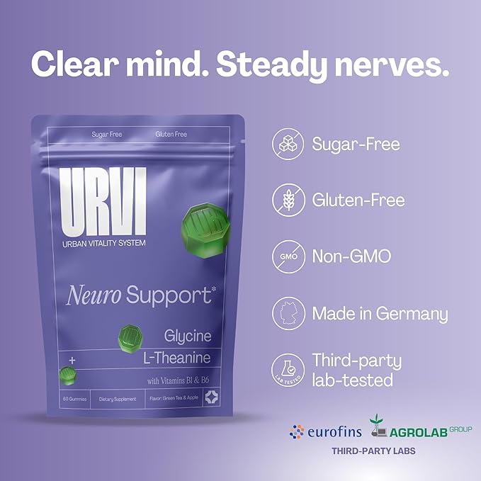 URVI® Neuro Gummies – 500mg Glycine 150mg L-Theanine (high Potency) Vitamins B1 &amp B6 for Rest &amp Sleep Relaxation Calm Focus Stress Relief – Caffeine- &amp Sugar-Free– Green Tea &amp App