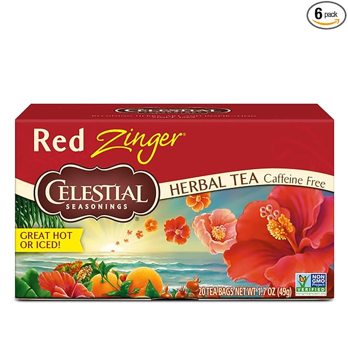 Celestial Seasonings Hibiscus Tea Red Zinger Herbal Tea Caffeine Free 20 Tea Bags (Pack of 6)