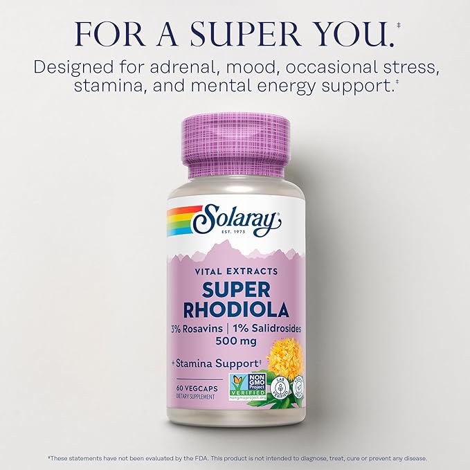 Solaray Super Rhodiola 500mg - Rhodiola Rosea Root Extract Supplement Adaptogenic Herb Support for Focus Stress and Energy Vegan Pills Non-GMO - 60 Vegetarian Capsules