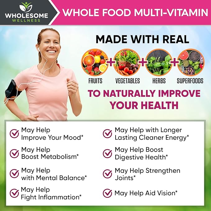 Wholesome Wellness Whole Food Multivitamin for Women - Natural Multi Vitamins Minerals Organic Extracts - 120 Tablets