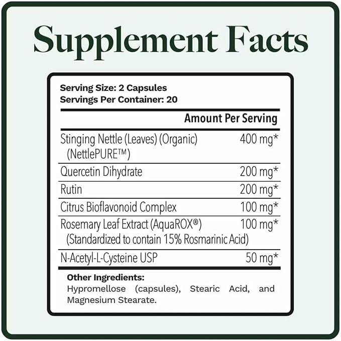 Utzy Naturals Allurtica | Sinus &amp Respiratory Support Supplement with Quercetin and Stinging Nettle | Seasonal Support for Adults &amp Kids | Non Drowsy | 40 Capsules