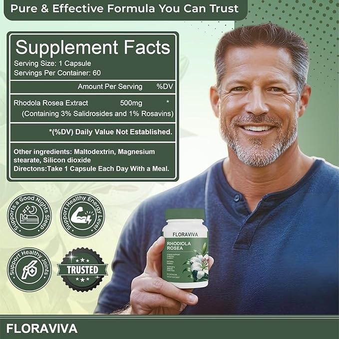 Rhodiola Rosea Capsules 500mg | Standardized for 3% Rosavins &amp 1% Salidroside | Supports Stress Relief Mental Focus &amp Natural Energy | Non-GMO Gluten-Free Supplement | 60 Capsules