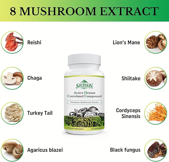 Active Hexose Correlated Compound 1500 mg Supplement Natural 8 Mushroom Extract Supplement Immune System Liver Function Natural Killer and T Cells Activity 90 Veggie Capsules