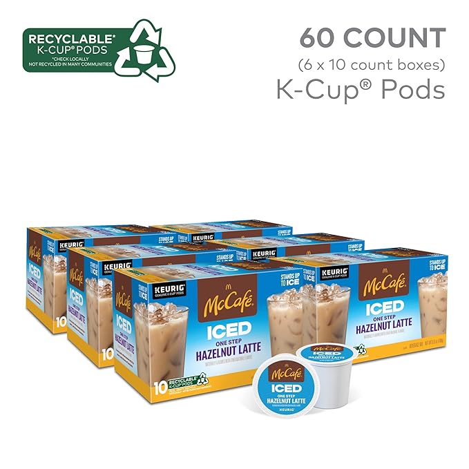 McCafe ICED One Step Hazelnut Latte Keurig Single Serve K-Cup Pods 60 Count (6 Packs of 10)
