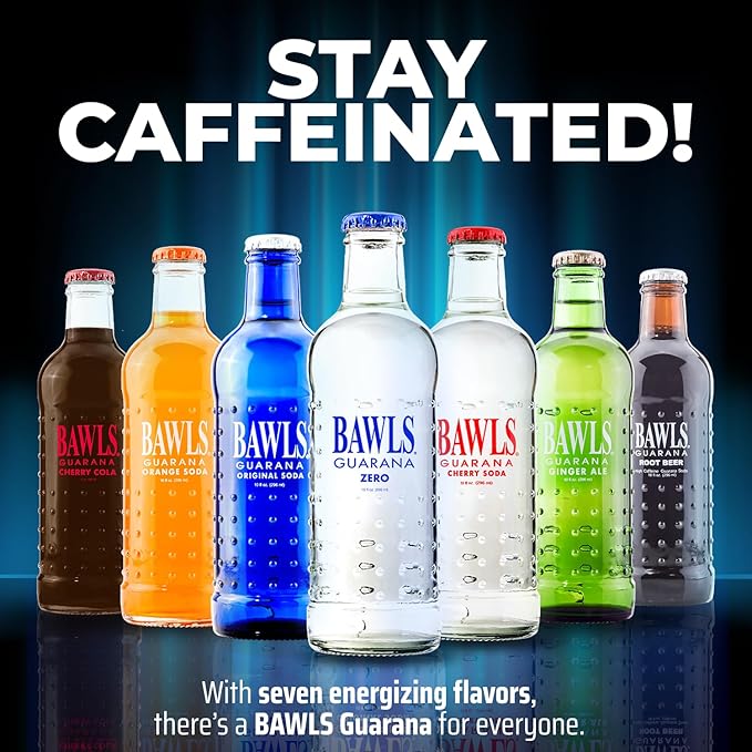 BAWLS Guarana Zero BAWLS Guarana Drink Guarana Soda Guarana Fueled Soda for Energy High Energy Caffeinated Drink 10oz 24 Pack Glass Bottles