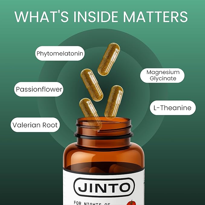 JINTO Melatonin Sleep Capsules - Natural Sleep Aids for Adults with Melatonin 60mg and Magnesium Glycinate 58mg Sleep Aid with Passion Flower L Theanine Valerian Root 60 Capsules