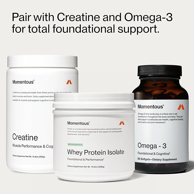 Momentous Essential Grass-Fed Whey Protein Powder - 20 g Whey Isolate Protein - NSF Certified for Sport - Gluten-Free - 12 Servings for Essential Everyday Use - Mint Chocolate - Package May Vary