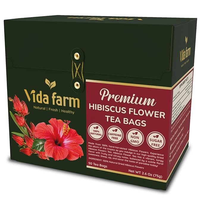 VIDA FARM 50 Hibiscus Tea Bags Natural Dried Hibiscus Flowers Tea Bags Roselle Hibiscus Sorrel Tea Jamaica Roselle Tea No Sugar No Caffeine No Gluten