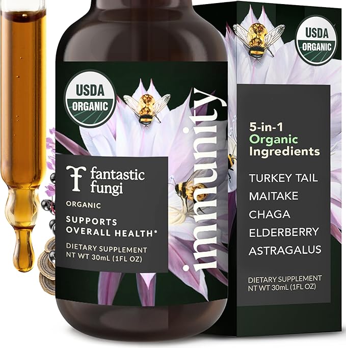Fantastic Fungi Mushroom Extract Drops - Immunity Elixir with Turkey Tail Mushroom Extract Maitake Elderberries Chaga &amp Astragalus - 5-in-1 Organic Immune Support Supplement 30 Servings 1 fl