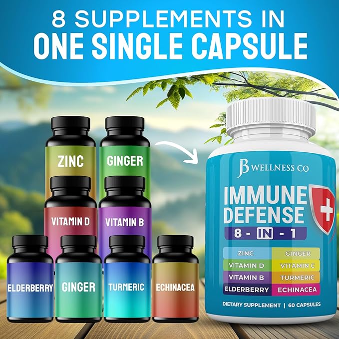 Immune Support 8 in 1 Capsules - Zinc Supplement Vitamin D3 Vitamin C and Elderberry - Immune Booster with Echinacea Ginger Root and Turmeric - [2-Pack]