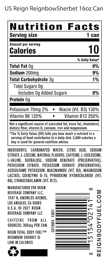 REIGN Total Body Fuel Reignbow Sherbet Fitness &amp Performance Drink 16 Fl Oz (Pack of 12)