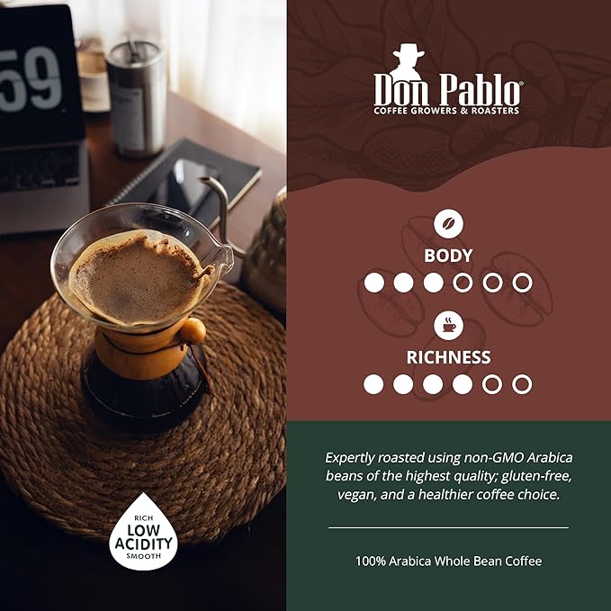 Don Pablo Colombian Supremo - Limited Edition Dark Roast Gourmet Coffee 100% Arabica Whole Bean Non-GMO Low Acidity 2 Pound (2 lb) Bag
