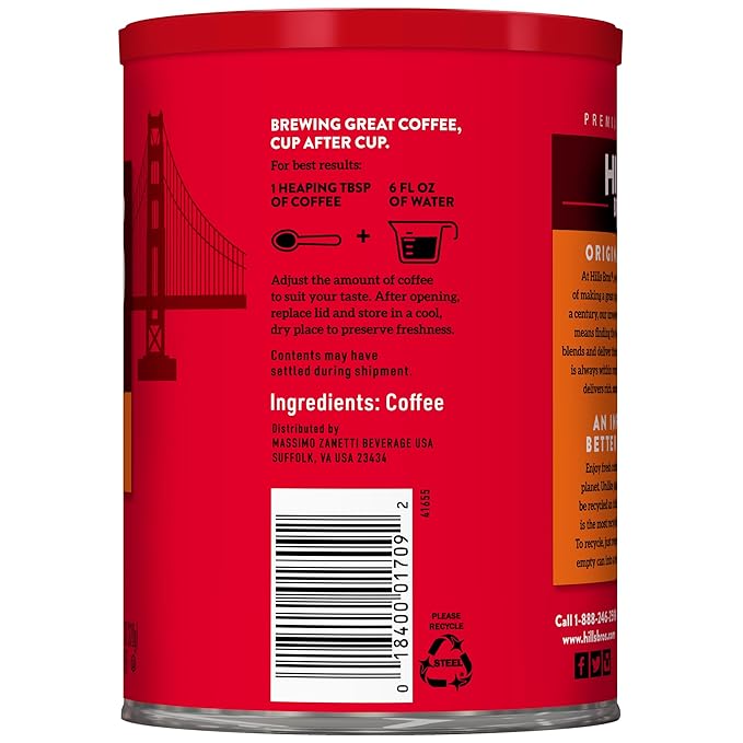 Hills Bros. Original Blend Ground Coffee – Premium Arabica Coffee Beans – Medium Roast Rich Flavor Cup After Cup – Recyclable Steel Can for Freshness – Certified Kosher – 11.3oz Can Pack of 6