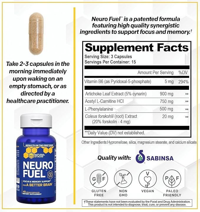 NATURAL STACKS NeuroFuel Nootropic Brain Support Supplement with Artichoke Leaf Extract &amp L-Carnitine Supplement for Focus and Memory* - 45 Focus Pills