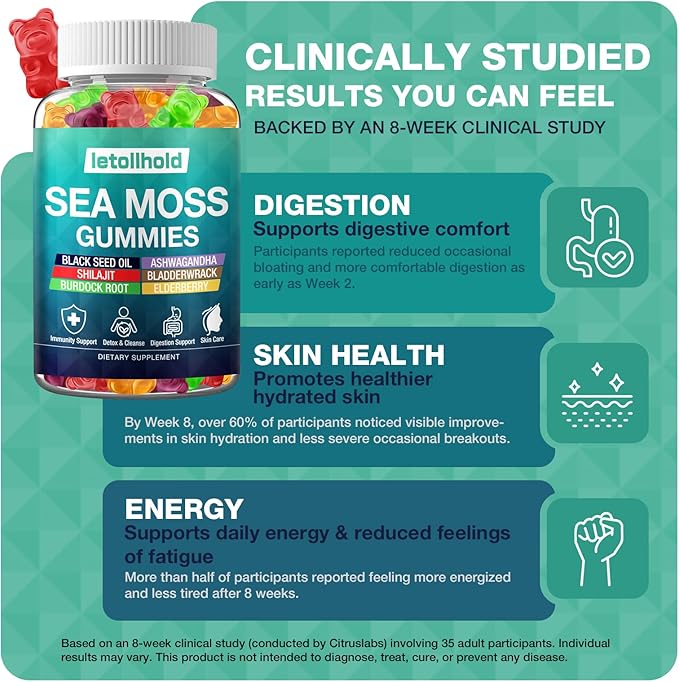 Sea Moss Gummies - Irish Sea Moss Gummies Advanced for Adults with Ashwagandha Bladderwrack &amp Burdock Root for Supports ImmuneEnergy - 60 Vegan Gummy2PCS