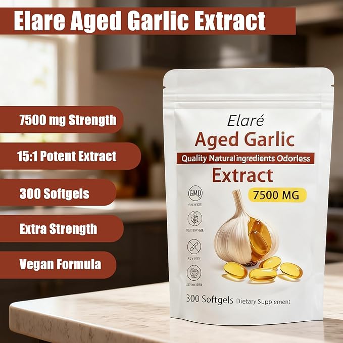 ELARE Aged Garlic Extract - 7500mg Odorless Per Servings Potent Antioxidant Supplement Immune Support Vegetarian All-Natural Non-GMO 300 Softgels
