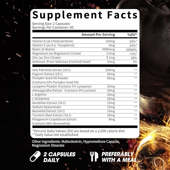 Catfit Saw Palmetto for Men – Prostate Health &amp Urinary Support &amp DHT Blocker Hair Health with Biotin 6000mcg Pumpkin Seed Oil Pygeum &amp Lycopene – Energy &amp Vitality Formula 120 Cap