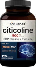 NatureBell Citicoline 500mg - 120 Capsules - Brain Function Support for Adults - Memory &amp Focus Aid with CDP Choline &amp Tyrosine - Fast-Absorbing Formula* - Non-GMO &amp Gluten-Free