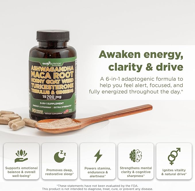 Gade Nutrition Ashwagandha with Maca Root Horny Goat Weed Turkesterone Supplement Tribulus Terrestris Panax Ginseng | 90 Vegetable Capsules for Energy Stamina Performance. | Made in USA