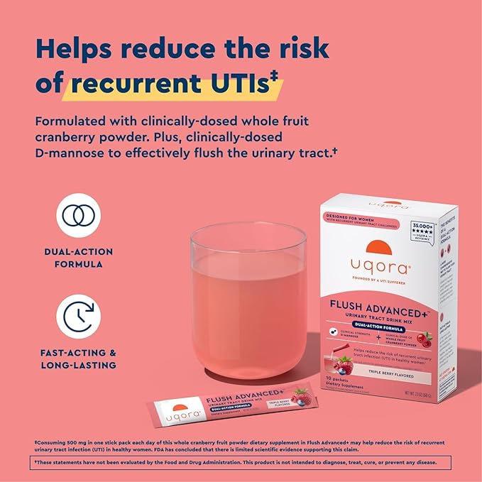 Uqora Flush Advanced+ - Helps Reduce Risk of Recurrent UTI** - with Cranberry D-Mannose Vitamin C Vitamin B6 &amp Potassium - Gluten-Free &amp Vegan - Triple Berry Flavor - 30 Packets (3 Pack)