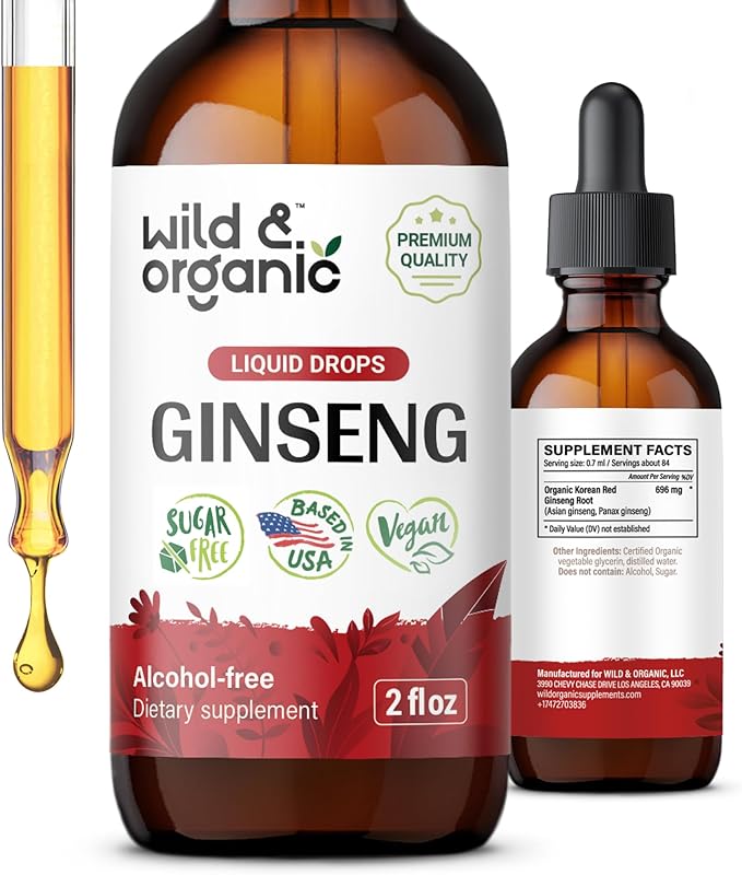 Wild &amp Organic Korean Red Ginseng Extract Drops - Panax Ginseng Supplement for Immune Support - Liquid Root Tincture for Overall Well-Being - Vegan Sugar &amp Alcohol-Free - 2 fl oz