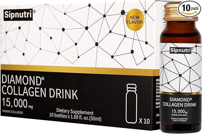 Diamond Marine Collagen Drink for Women and Men 15000mg Hydrolyzed Collagen Peptides with Vitamin C Pomegranate Healthy Hair Skin Nails Joints Bones Support 50 ml x 10 Bottles