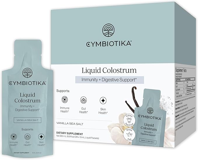 CYMBIOTIKA Liquid Colostrum 1.5g Full Spectrum Colostrum Grass-Fed Bovine Colostrum for Gut Health Immune Support Skin &amp Recovery Sea Salt Vanilla Flavor 26 Daily Packets (Single Pack)