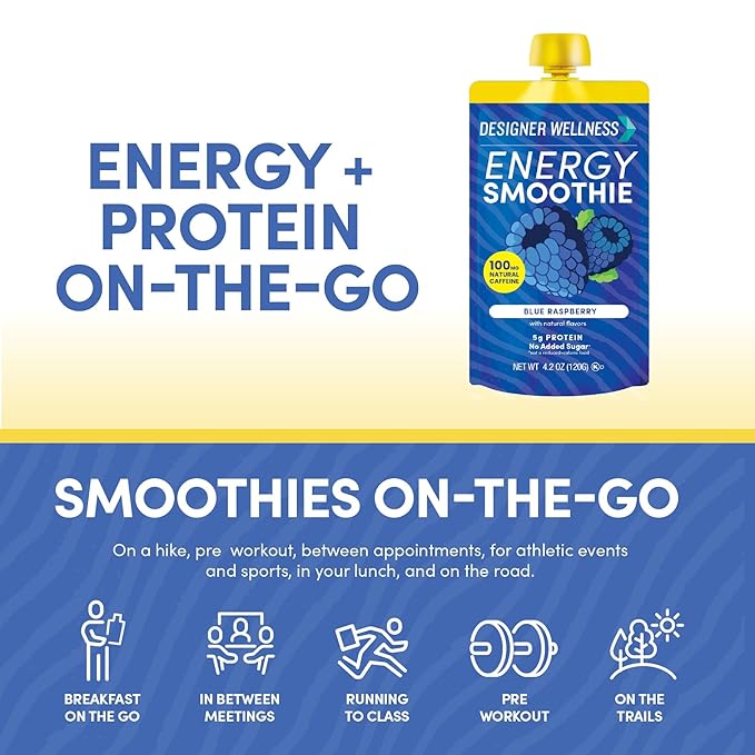 Designer Wellness Energy Smoothie Real Fruit 100mg Natural Caffeine 5g Protein Low Carb Zero Added Sugar Gluten-Free Blue Raspberry 12 Count