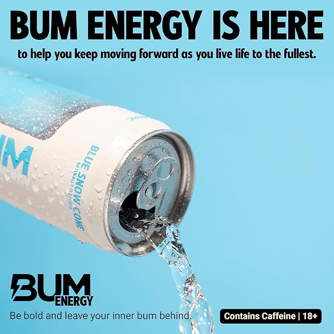 BUM Sugar-Free Energy Drink Blue Snow Cone - Lightly Carbonated &amp No Artificial Colors Natural Caffeine &amp Citicoline for Energy &amp Focus Brain Boost &amp Workout Sports Beverage - 12 oz
