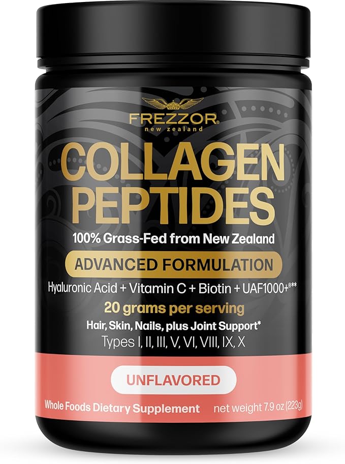 FREZZOR Collagen Peptides Powder Reduces Fine Lines &amp Wrinkles Stronger Hair &amp Nails Promotes Youthful Flexibility &amp Mobility 100% New Zealand Hydrolyzed Beef Bone Collagen 7.9 OZ (1