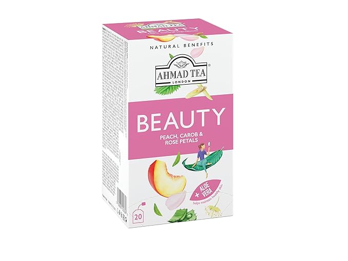 Ahmad Tea Herbal Tea Peach Carob and Rose Petals 'Beauty' Natural Benefits Teabags 20 ct (Pack of 6) - Decaffeinated &amp Sugar-Free