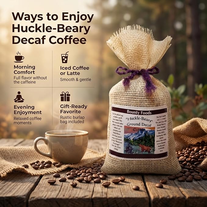 Montana Huckleberry Decaffeinated Ground Coffee - 12 oz Rustic Western Style Burlap Bag from Bounty Foods is Grown &amp Hand Picked in the Wild - Enjoy for Breakfast or All Day Long (Huck Decaf 12oz)