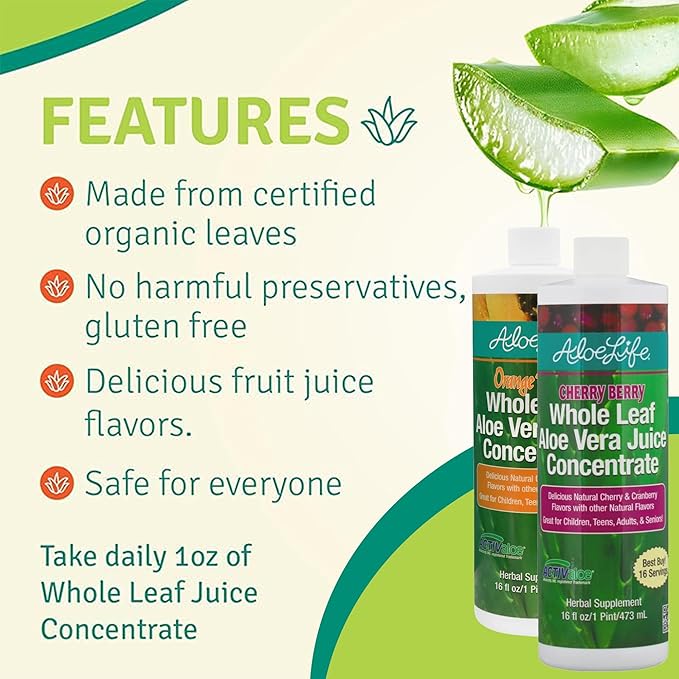 Aloe Life - Whole Leaf Aloe Vera Juice Multi-Flavor Bundle Certified Organic Gluten-Free (Cherry Berry Aloe Gold &amp Orange Papaya Flavors 16 oz Each)